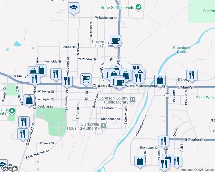 map of restaurants, bars, coffee shops, grocery stores, and more near 715 West Main Street in Clarksville