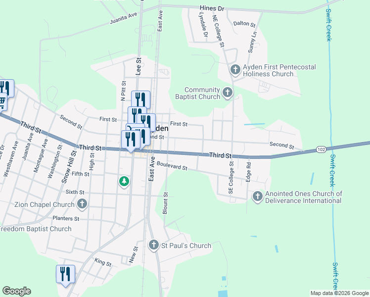 map of restaurants, bars, coffee shops, grocery stores, and more near 652 3rd Street in Ayden