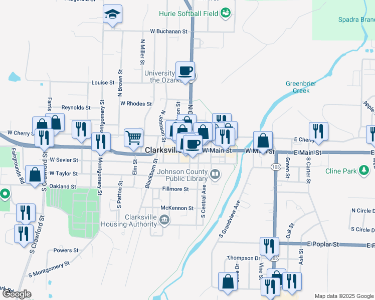 map of restaurants, bars, coffee shops, grocery stores, and more near 600 West Main Street in Clarksville