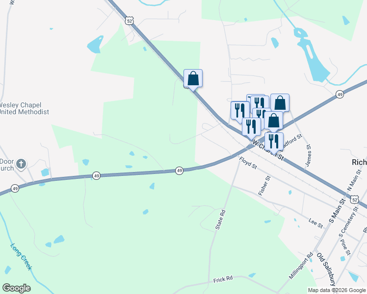 map of restaurants, bars, coffee shops, grocery stores, and more near 28053 North Carolina 49 in Richfield