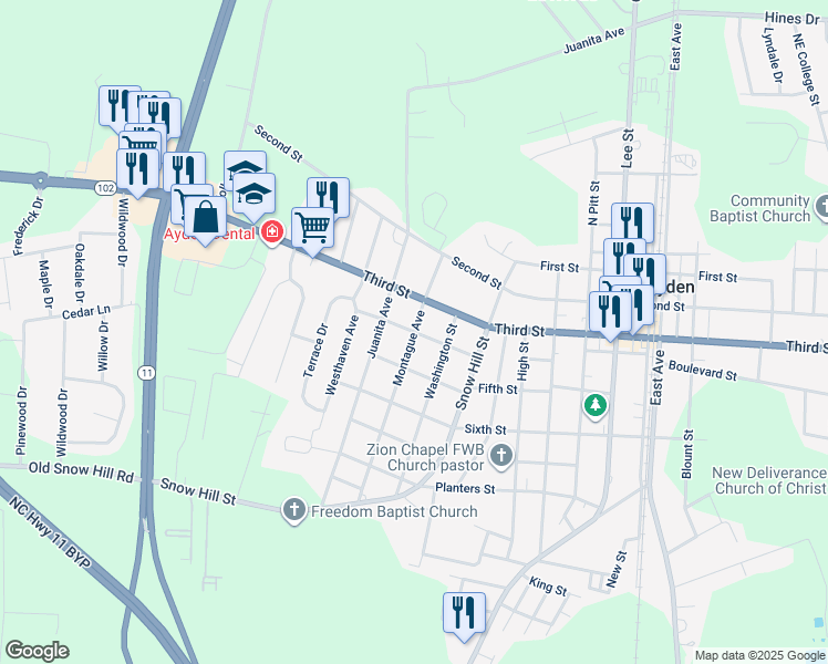 map of restaurants, bars, coffee shops, grocery stores, and more near Fourth Street in Ayden
