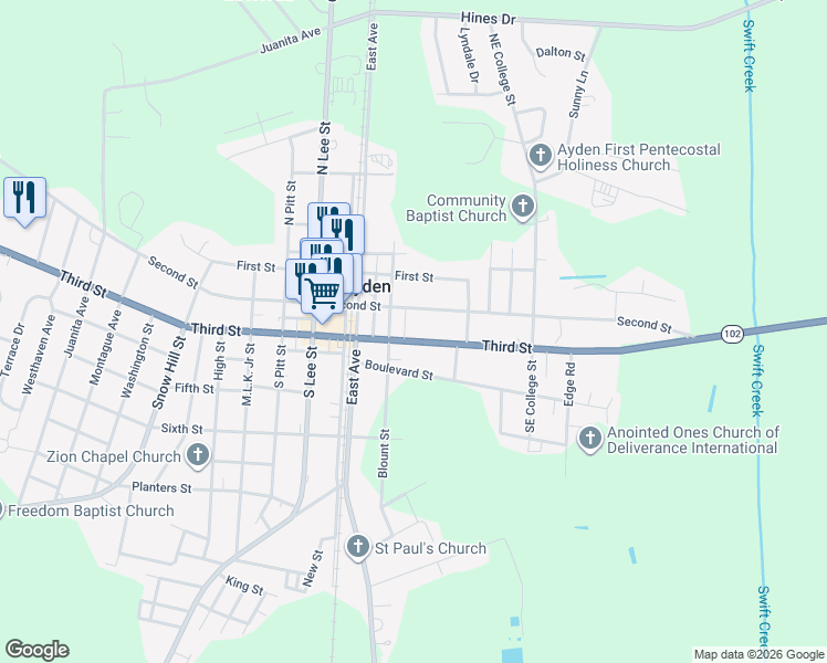 map of restaurants, bars, coffee shops, grocery stores, and more near 652 3rd Street in Ayden