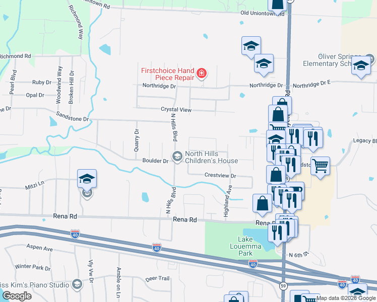 map of restaurants, bars, coffee shops, grocery stores, and more near 2211 Elfen Glen Street in Van Buren