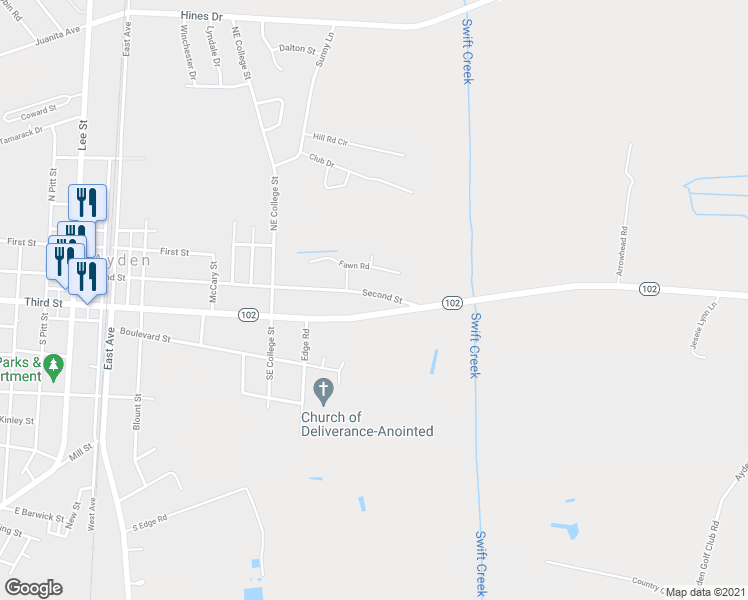 map of restaurants, bars, coffee shops, grocery stores, and more near 800 Second Street in Ayden
