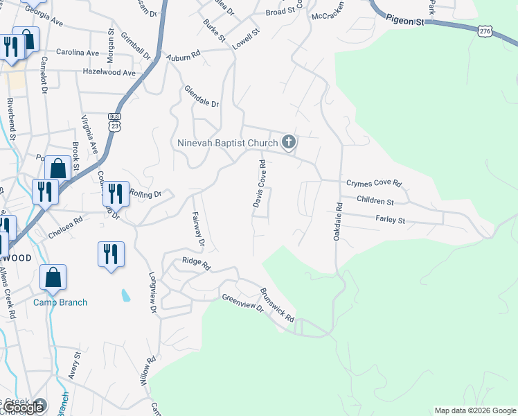 map of restaurants, bars, coffee shops, grocery stores, and more near 131 Davis Cove Road in Waynesville