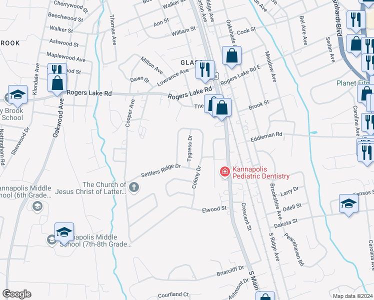map of restaurants, bars, coffee shops, grocery stores, and more near 1428 Tygress Drive in Kannapolis