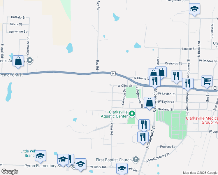 map of restaurants, bars, coffee shops, grocery stores, and more near 1805 West Cline Street in Clarksville