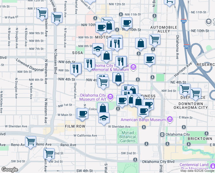 map of restaurants, bars, coffee shops, grocery stores, and more near in Oklahoma City