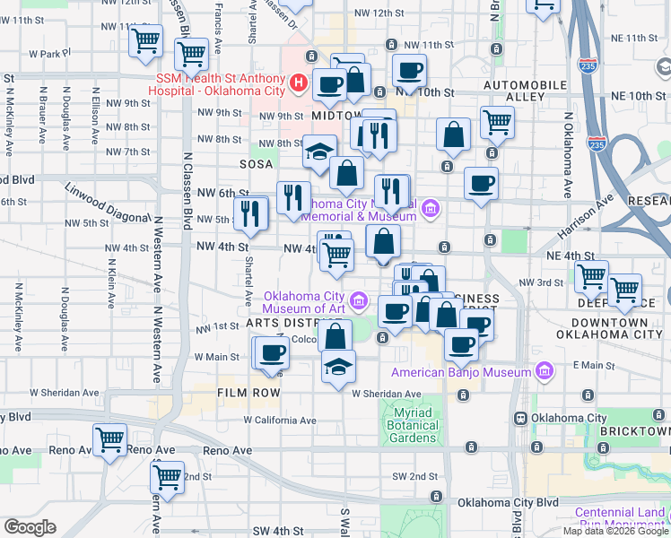 map of restaurants, bars, coffee shops, grocery stores, and more near 405 North Walker Avenue in Oklahoma City