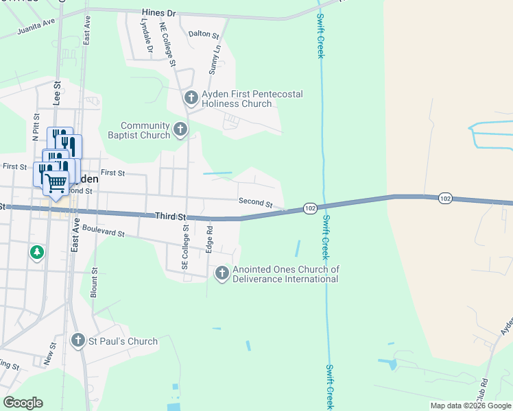 map of restaurants, bars, coffee shops, grocery stores, and more near 796 SR Second Street in Ayden