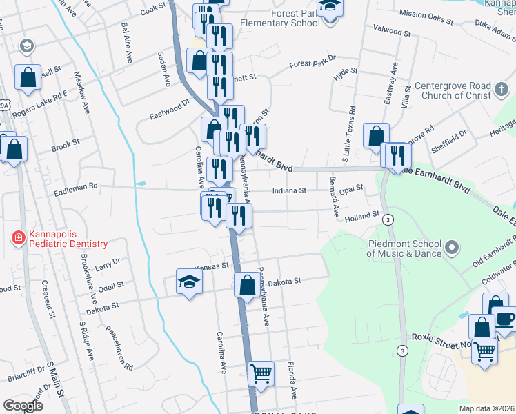 map of restaurants, bars, coffee shops, grocery stores, and more near 908 Indiana Street in Kannapolis