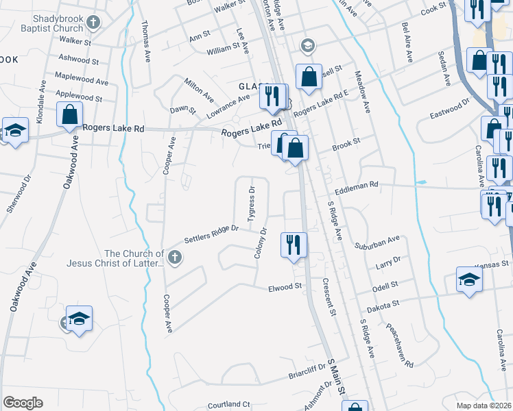 map of restaurants, bars, coffee shops, grocery stores, and more near 1447 Tygress Street in Kannapolis