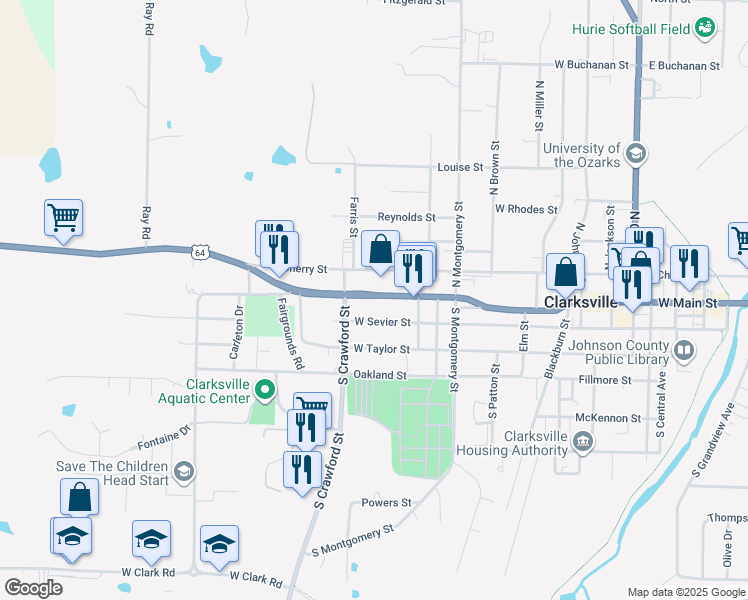 map of restaurants, bars, coffee shops, grocery stores, and more near 1201-1399 West Cherry Street in Clarksville