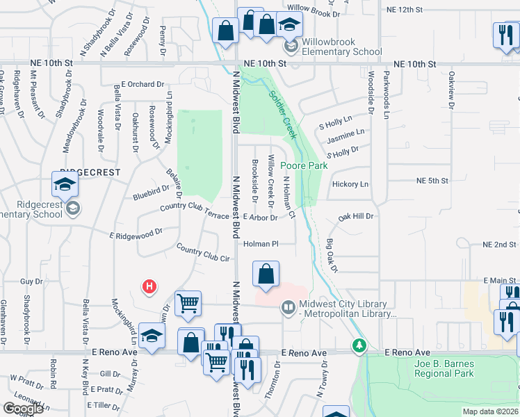 map of restaurants, bars, coffee shops, grocery stores, and more near 3221 Brookside Drive in Midwest City
