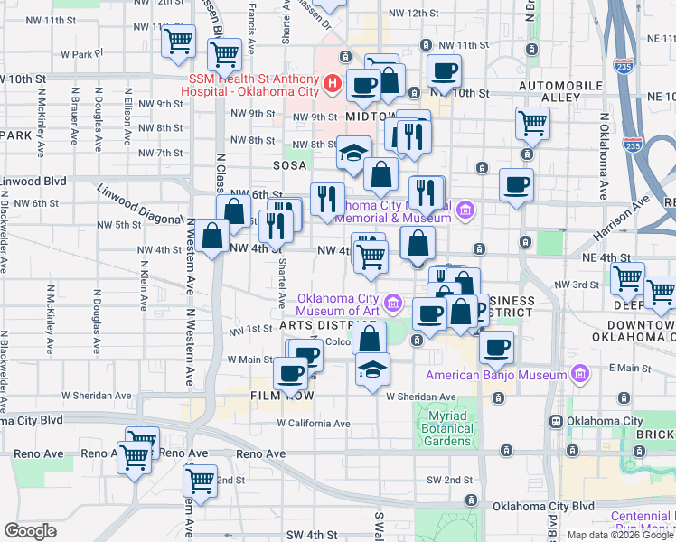 map of restaurants, bars, coffee shops, grocery stores, and more near 8 Northwest 4th Street in Oklahoma City