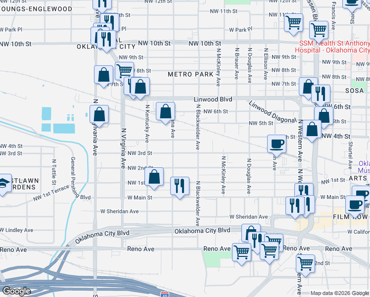 map of restaurants, bars, coffee shops, grocery stores, and more near 1533 Northwest 4th Street in Oklahoma City