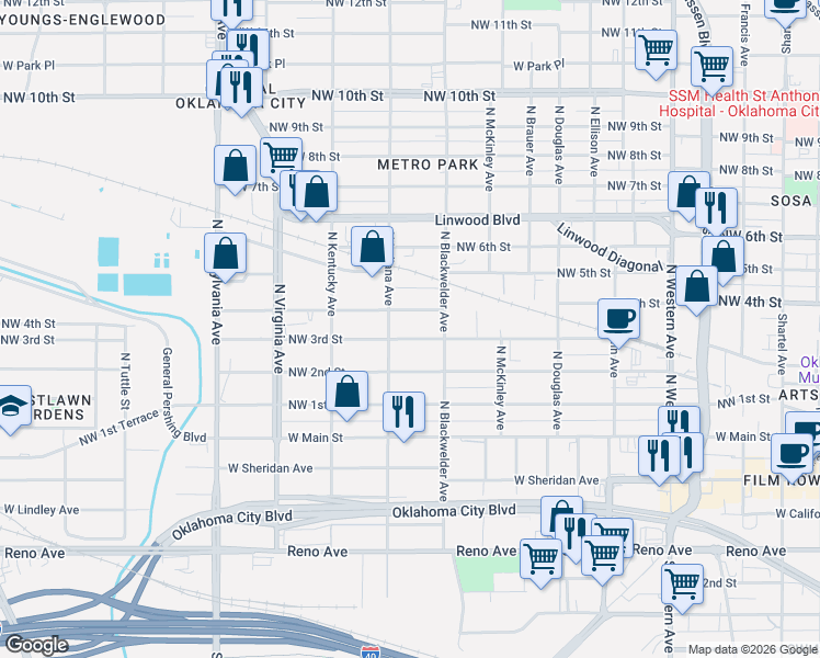 map of restaurants, bars, coffee shops, grocery stores, and more near 1533 Northwest 4th Street in Oklahoma City
