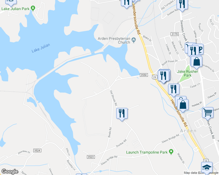 map of restaurants, bars, coffee shops, grocery stores, and more near 147 Old Shoals Road in Arden
