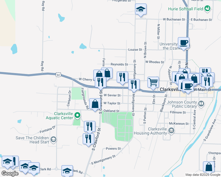 map of restaurants, bars, coffee shops, grocery stores, and more near 1201 West Cherry Street in Clarksville