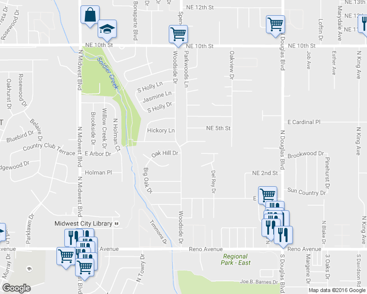 map of restaurants, bars, coffee shops, grocery stores, and more near 1208 Hazelwood Drive in Midwest City