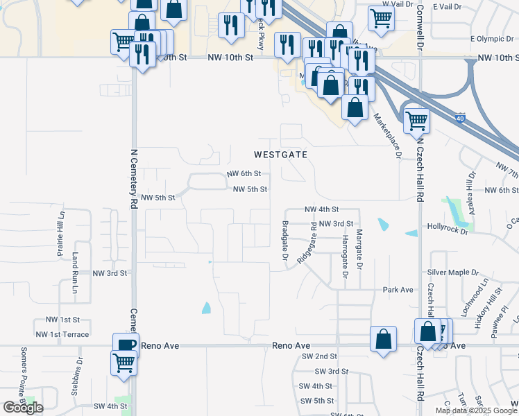map of restaurants, bars, coffee shops, grocery stores, and more near 12600 Northwest 5th Street in Yukon
