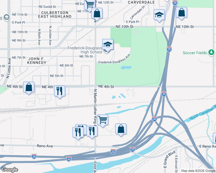 map of restaurants, bars, coffee shops, grocery stores, and more near Northeast 4th Street in Oklahoma City