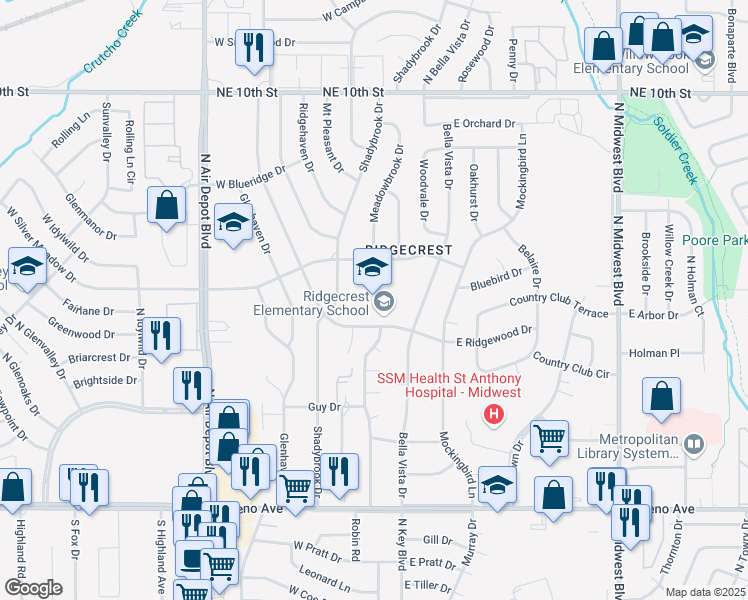 map of restaurants, bars, coffee shops, grocery stores, and more near 137 West Ridgewood Drive in Midwest City