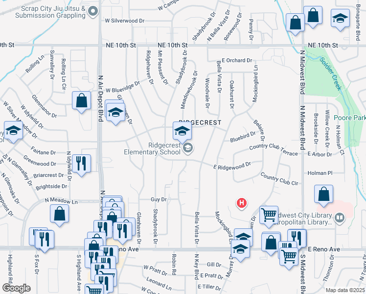 map of restaurants, bars, coffee shops, grocery stores, and more near 137 West Ridgewood Drive in Midwest City