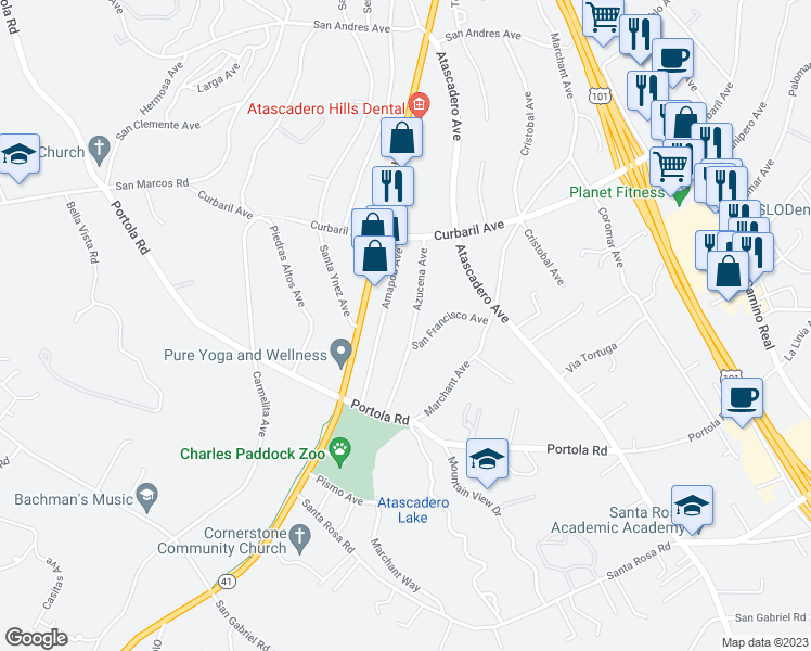 map of restaurants, bars, coffee shops, grocery stores, and more near 8400 Azucena Avenue in Atascadero