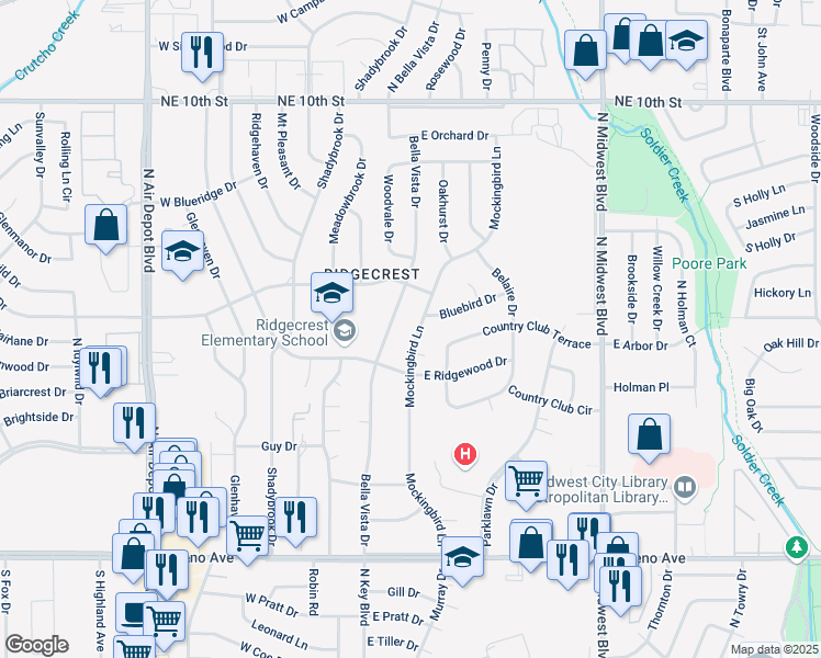 map of restaurants, bars, coffee shops, grocery stores, and more near 3208 Bella Vista Drive in Midwest City