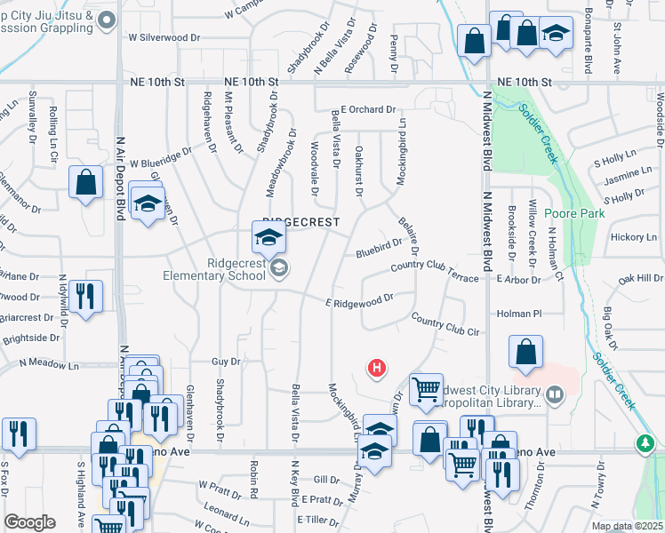 map of restaurants, bars, coffee shops, grocery stores, and more near 3117 Mockingbird Lane in Midwest City