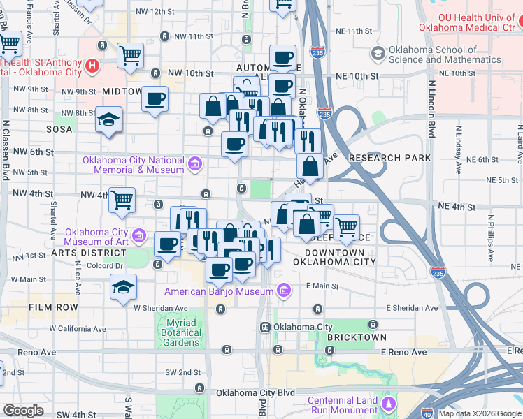 map of restaurants, bars, coffee shops, grocery stores, and more near 24 Northwest 4th Street in Oklahoma City