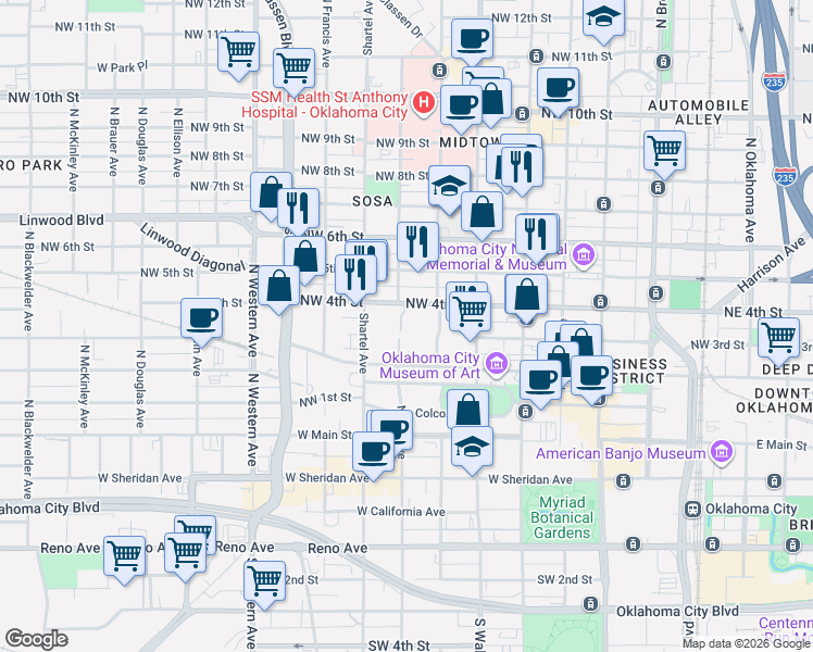 map of restaurants, bars, coffee shops, grocery stores, and more near 641 Northwest 4th Street in Oklahoma City