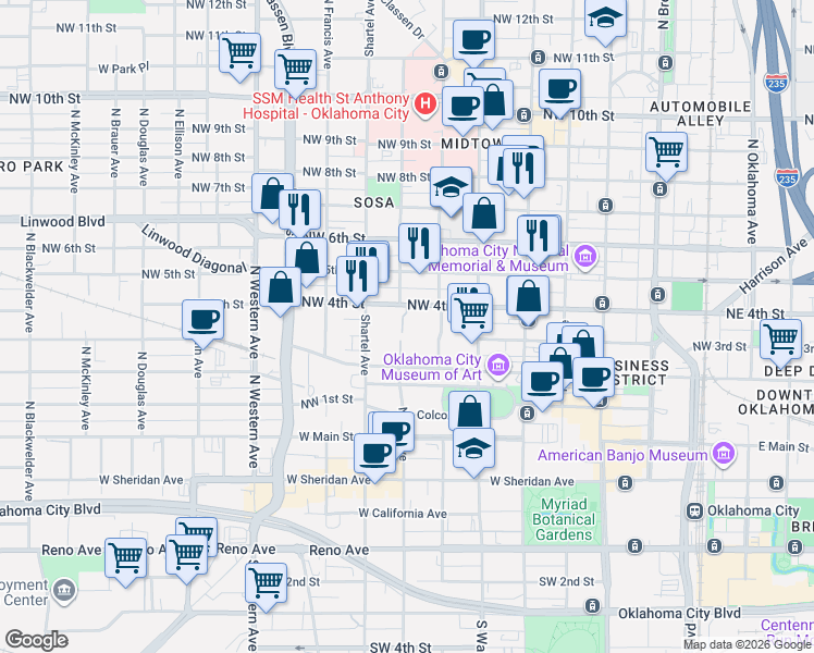 map of restaurants, bars, coffee shops, grocery stores, and more near 641 Northwest 4th Street in Oklahoma City