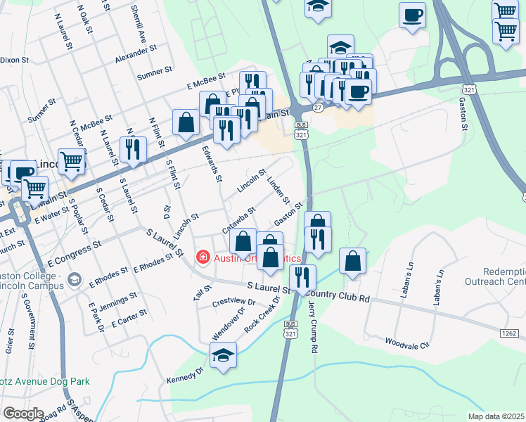 map of restaurants, bars, coffee shops, grocery stores, and more near 1032 Catawba Street in Lincolnton