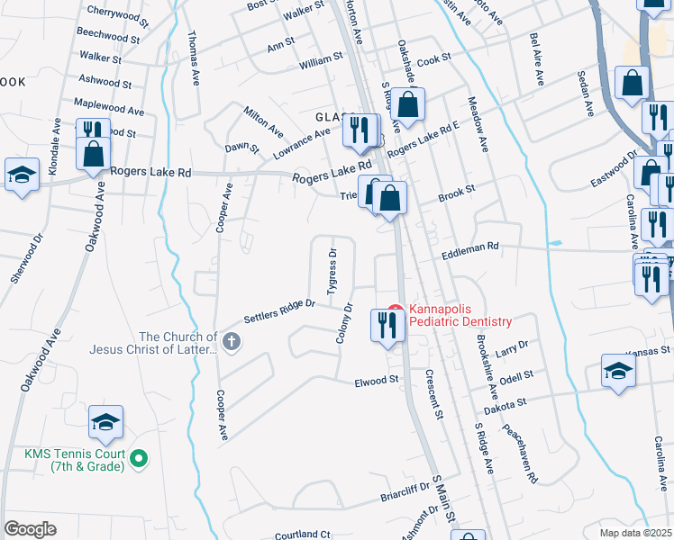 map of restaurants, bars, coffee shops, grocery stores, and more near 1433 Tygress Drive in Kannapolis