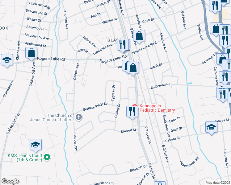 map of restaurants, bars, coffee shops, grocery stores, and more near 1433 Tygress Drive in Kannapolis