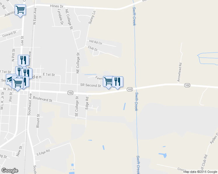 map of restaurants, bars, coffee shops, grocery stores, and more near 800 SR Second Street in Ayden
