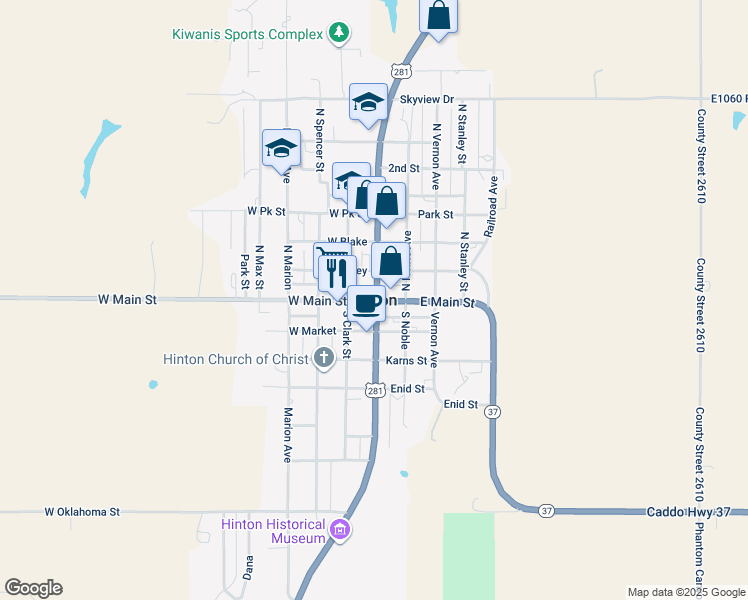 map of restaurants, bars, coffee shops, grocery stores, and more near in Hinton