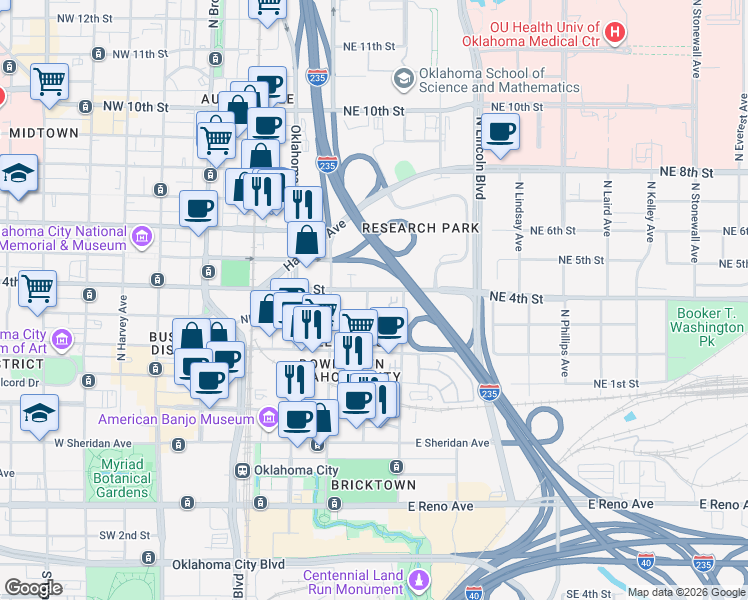 map of restaurants, bars, coffee shops, grocery stores, and more near 311 Northeast 4th Street in Oklahoma City