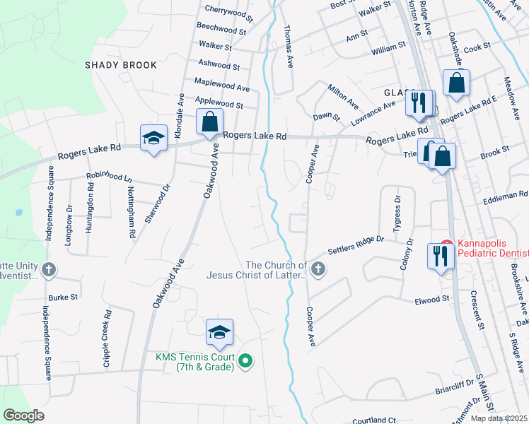 map of restaurants, bars, coffee shops, grocery stores, and more near 1417 Wildwood Drive in Kannapolis