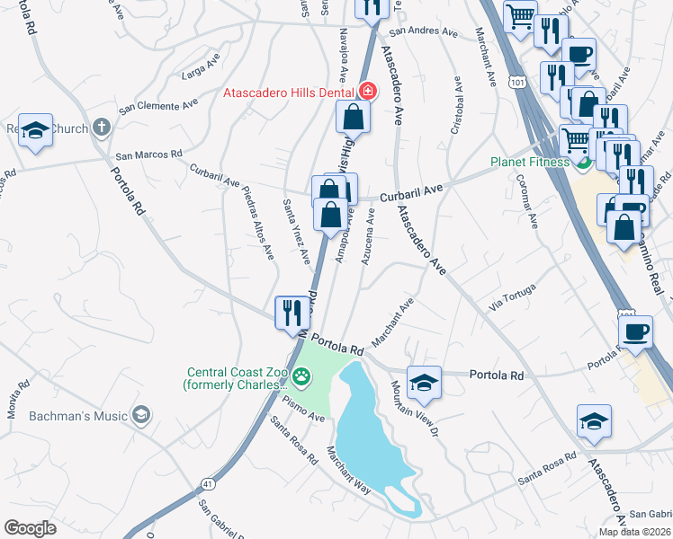 map of restaurants, bars, coffee shops, grocery stores, and more near 8399 Amapoa Avenue in Atascadero