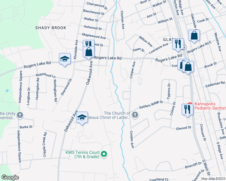 map of restaurants, bars, coffee shops, grocery stores, and more near 1417 Wildwood Drive in Kannapolis