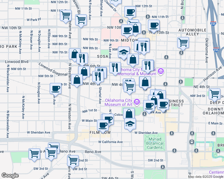 map of restaurants, bars, coffee shops, grocery stores, and more near 641 Northwest 4th Street in Oklahoma City