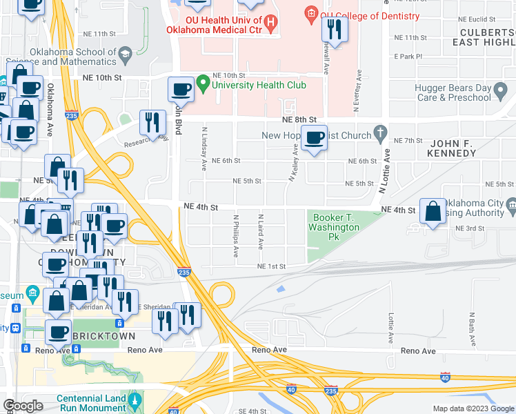 map of restaurants, bars, coffee shops, grocery stores, and more near 843 Northeast 4th Street in Oklahoma City