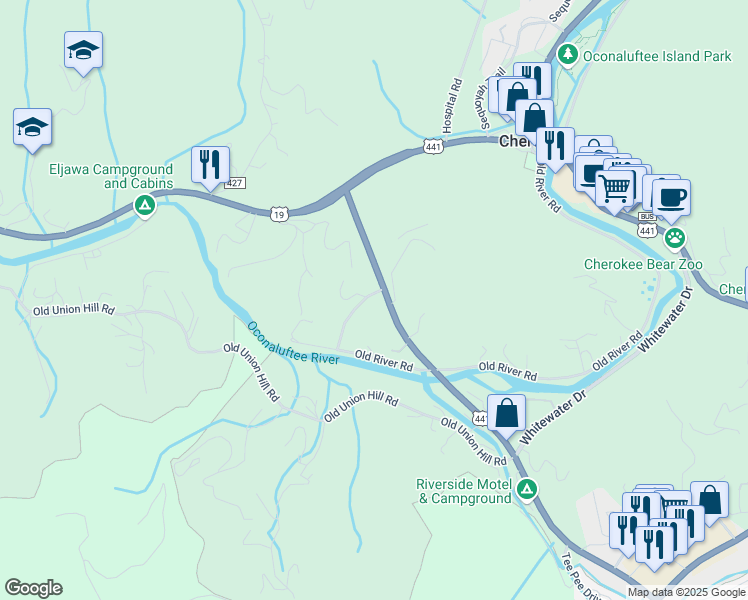 map of restaurants, bars, coffee shops, grocery stores, and more near 282 Seven Clans Lane in Cherokee