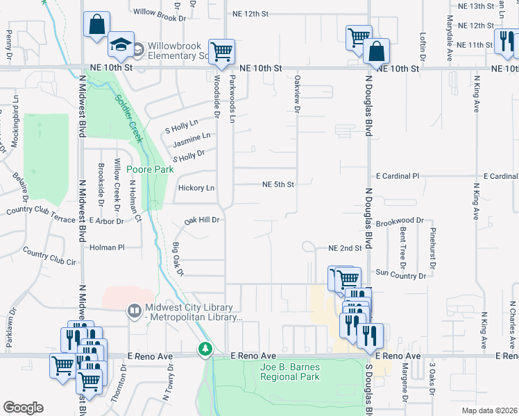 map of restaurants, bars, coffee shops, grocery stores, and more near 8604 Northeast 5th Street in Midwest City