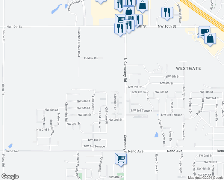 map of restaurants, bars, coffee shops, grocery stores, and more near 753 Christian Lane in Yukon