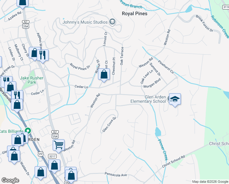 map of restaurants, bars, coffee shops, grocery stores, and more near 200 Oak Terrace in Arden