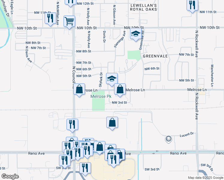 map of restaurants, bars, coffee shops, grocery stores, and more near 7721 Melrose Lane in Oklahoma City